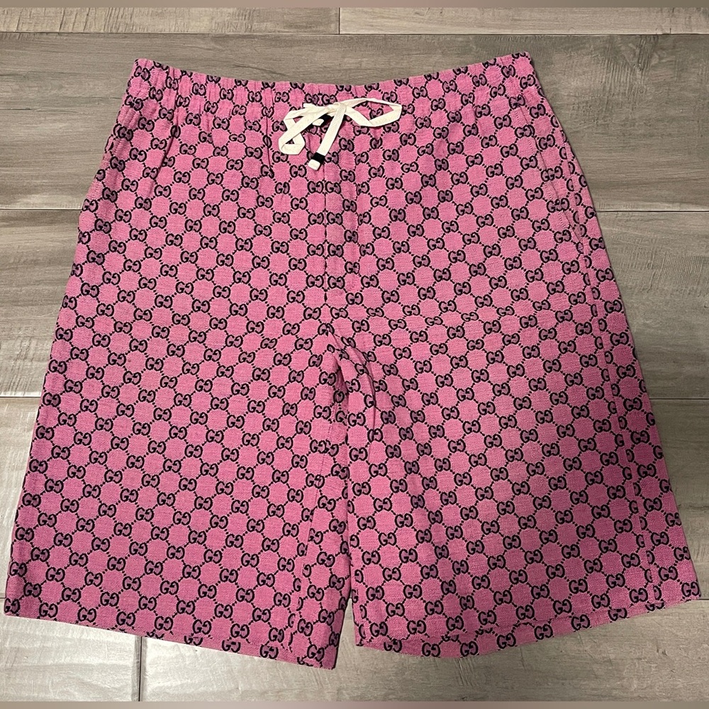 GUCCI - Wide-Leg Logo-Jacquard Cotton-Blend Canvas Drawstring Shorts - Pink